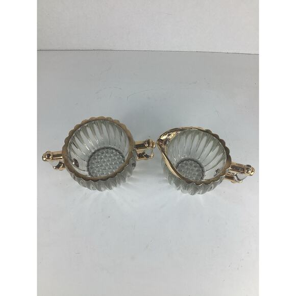VTG Jeanette Ribbed Glass Sugar & Creamer Set Gold Accents - Picture 2 of 5